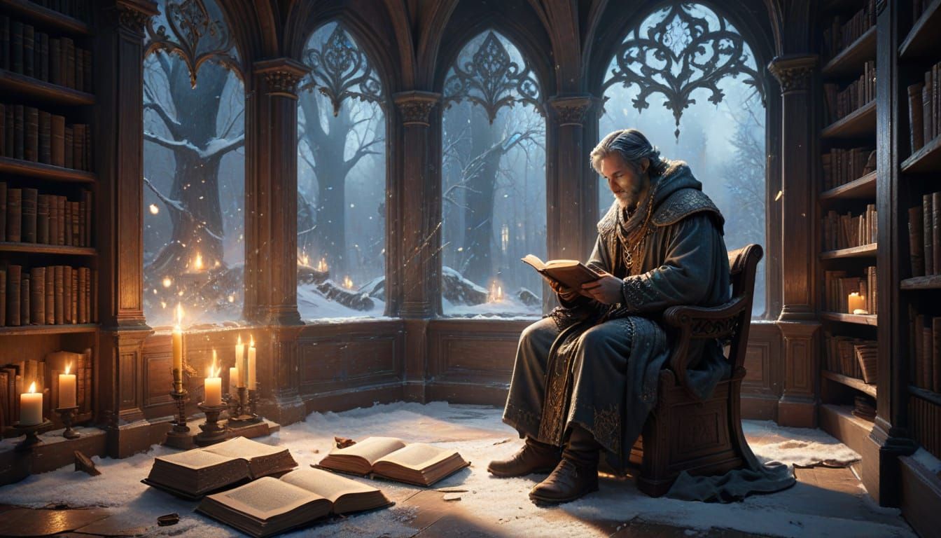 Scholar in Snowy Library with Ancient Tomes