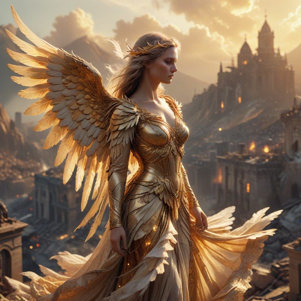 Golden Angel Overlooks Ruined Victorian City