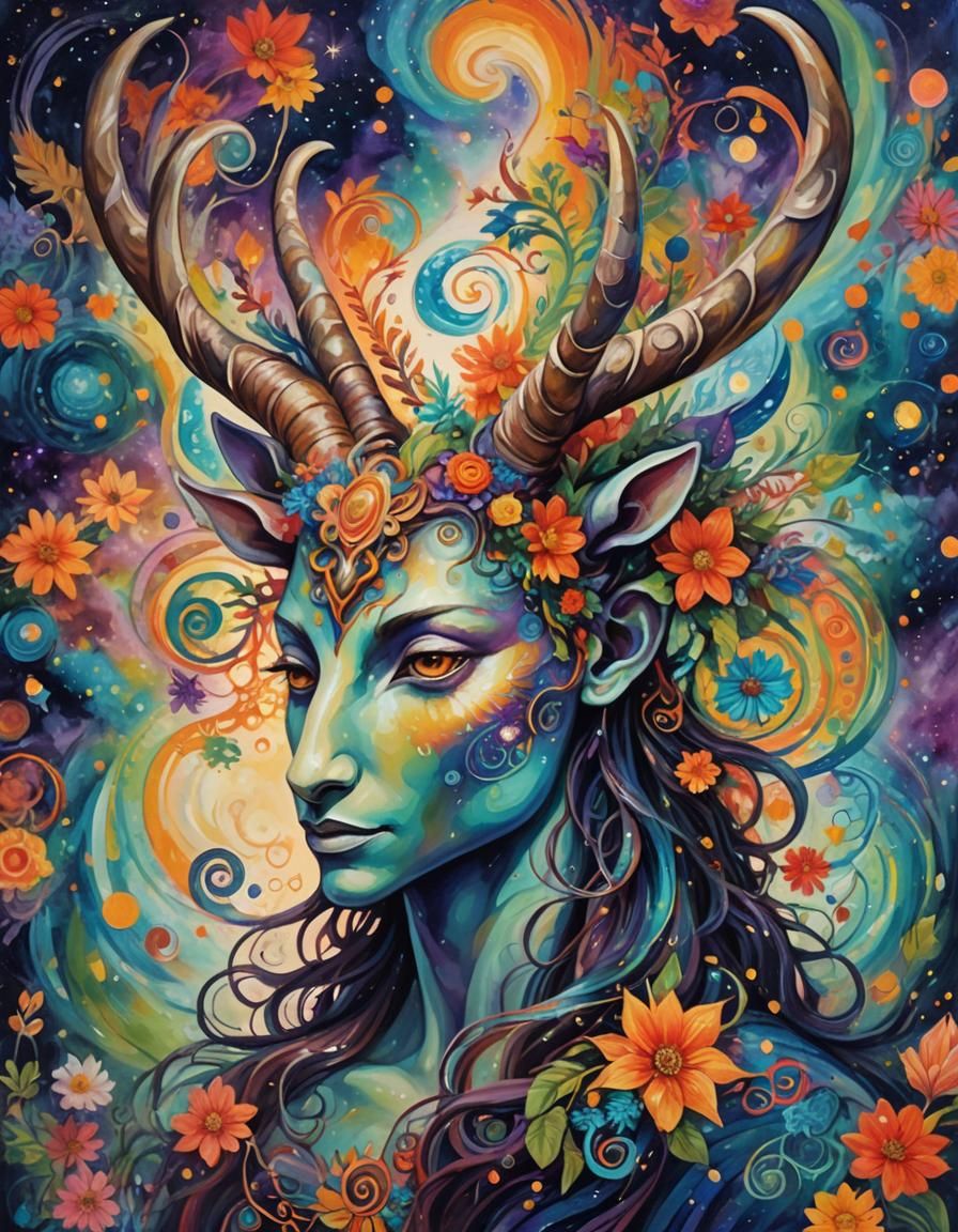 Cosmic Mythical Figure Portrait in Abstract Expressionism