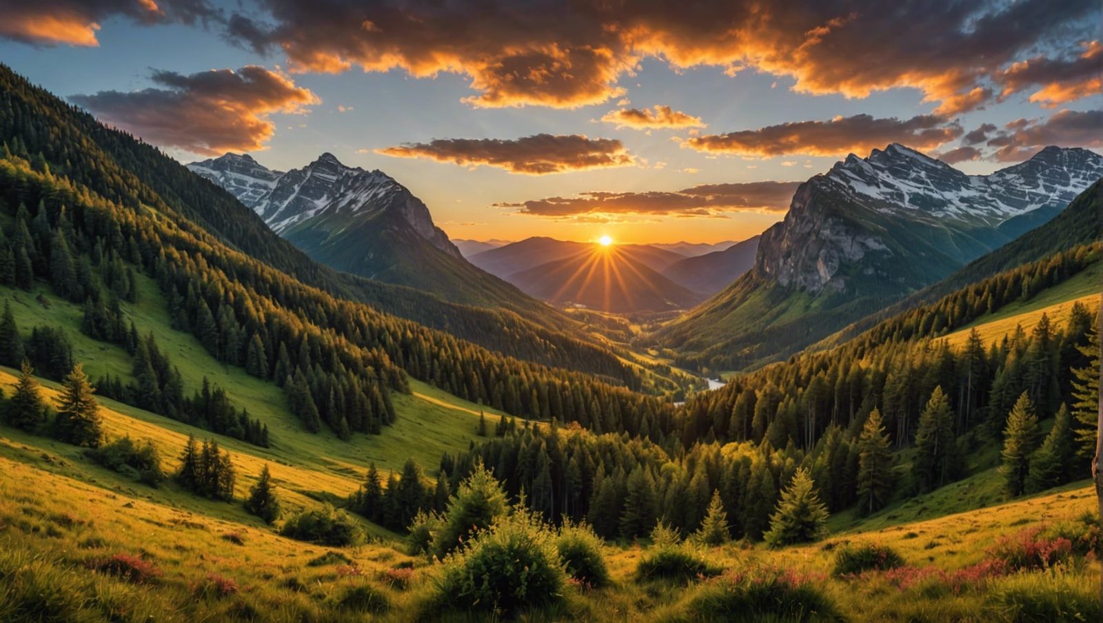Majestic Sunrise Over Enchanted Forest Landscape