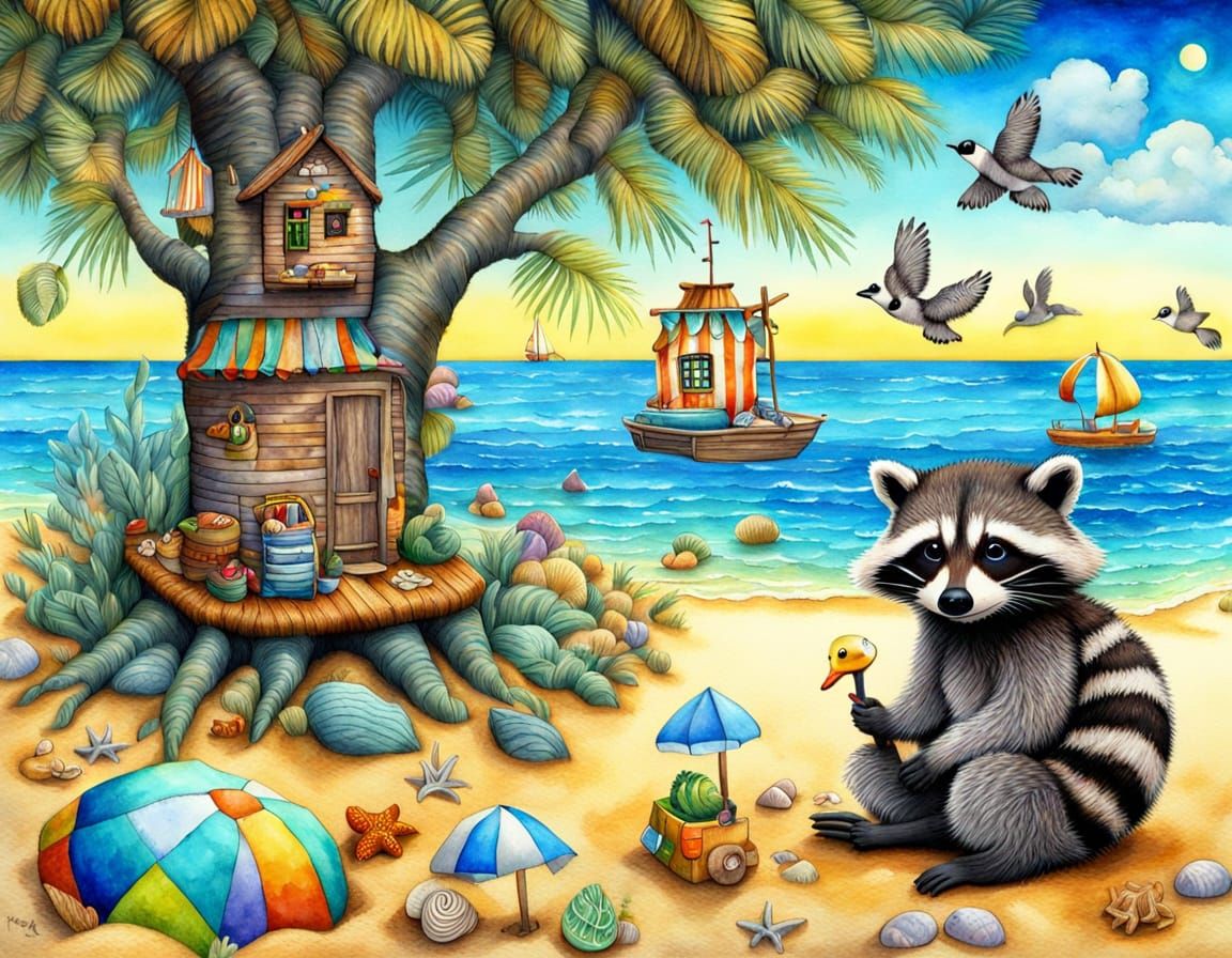 Raccoon in Vibrant Beach Scene