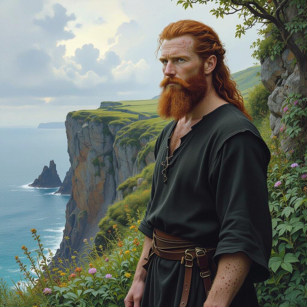 Man in Seaside Garden: Detailed Fantasy Art