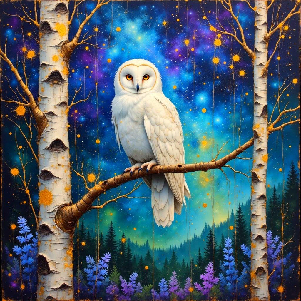 Ethereal Owl on a Majestic Birch Tree
