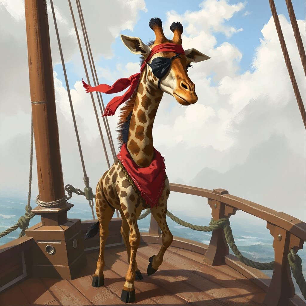 Pirate Giraffe on Deck, Vibrant Digital Art