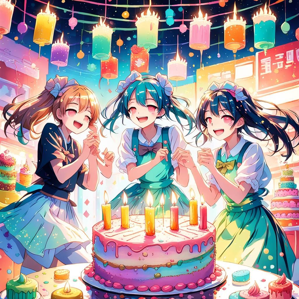 Anime Girls Celebrate with Cake: Cel-Shaded Digital Art