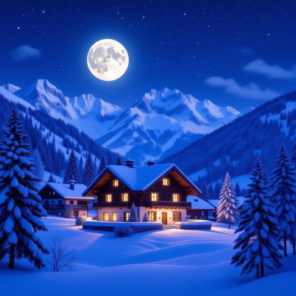 Austria Under a Full Moon: Snowy Alpine Village