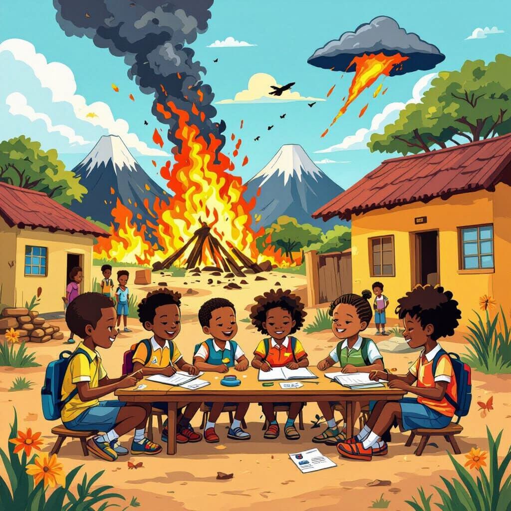 African Children Learn About Natural Disasters: Cartoon Styl...