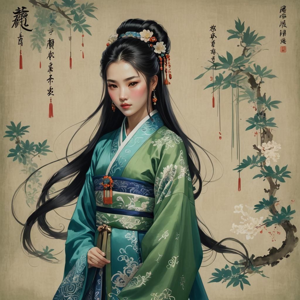 Woman in Traditional Chinese Dress with Calligraphy