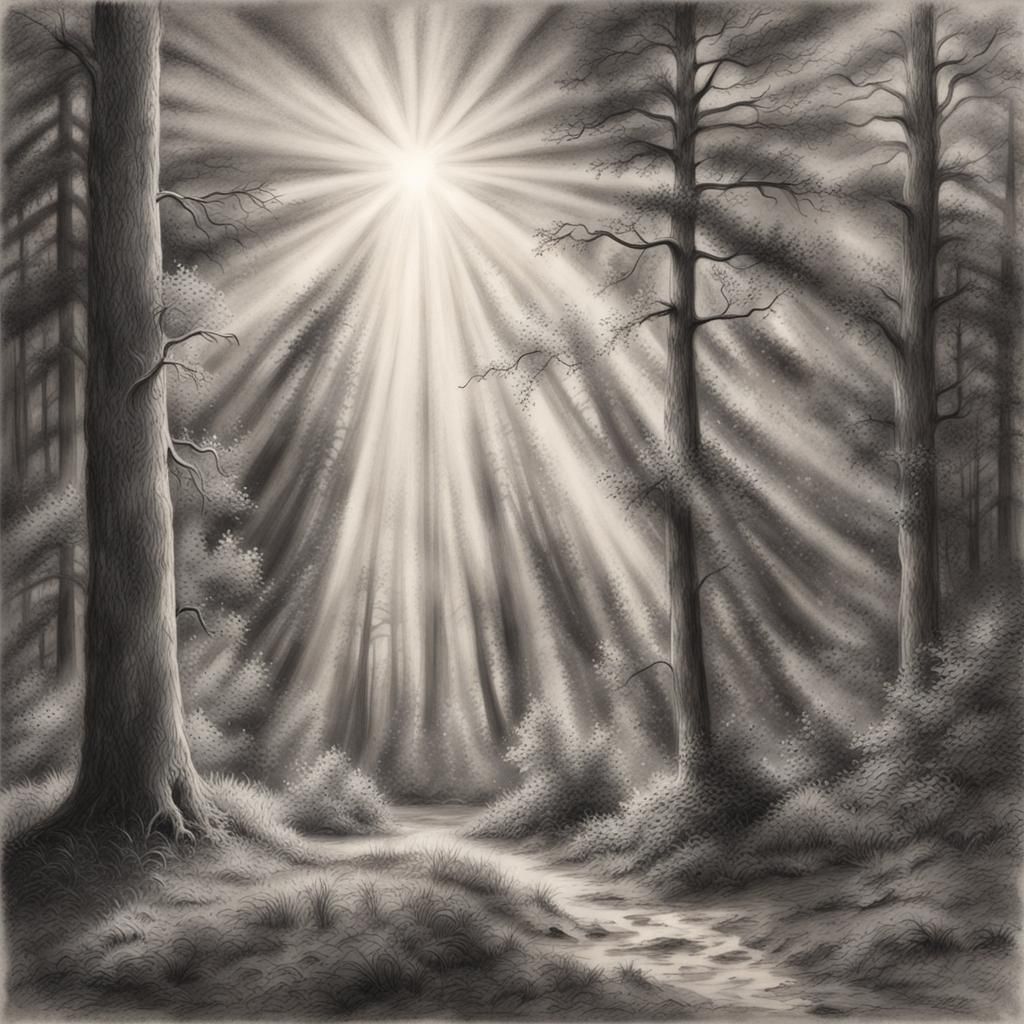 Magical Forest with Divine Light, Charcoal Drawing
