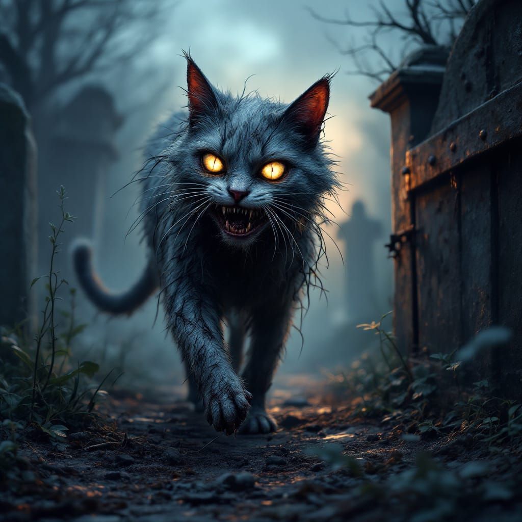 Zombie Cat Graveyard Walk: Hyperrealistic HDR Masterpiece