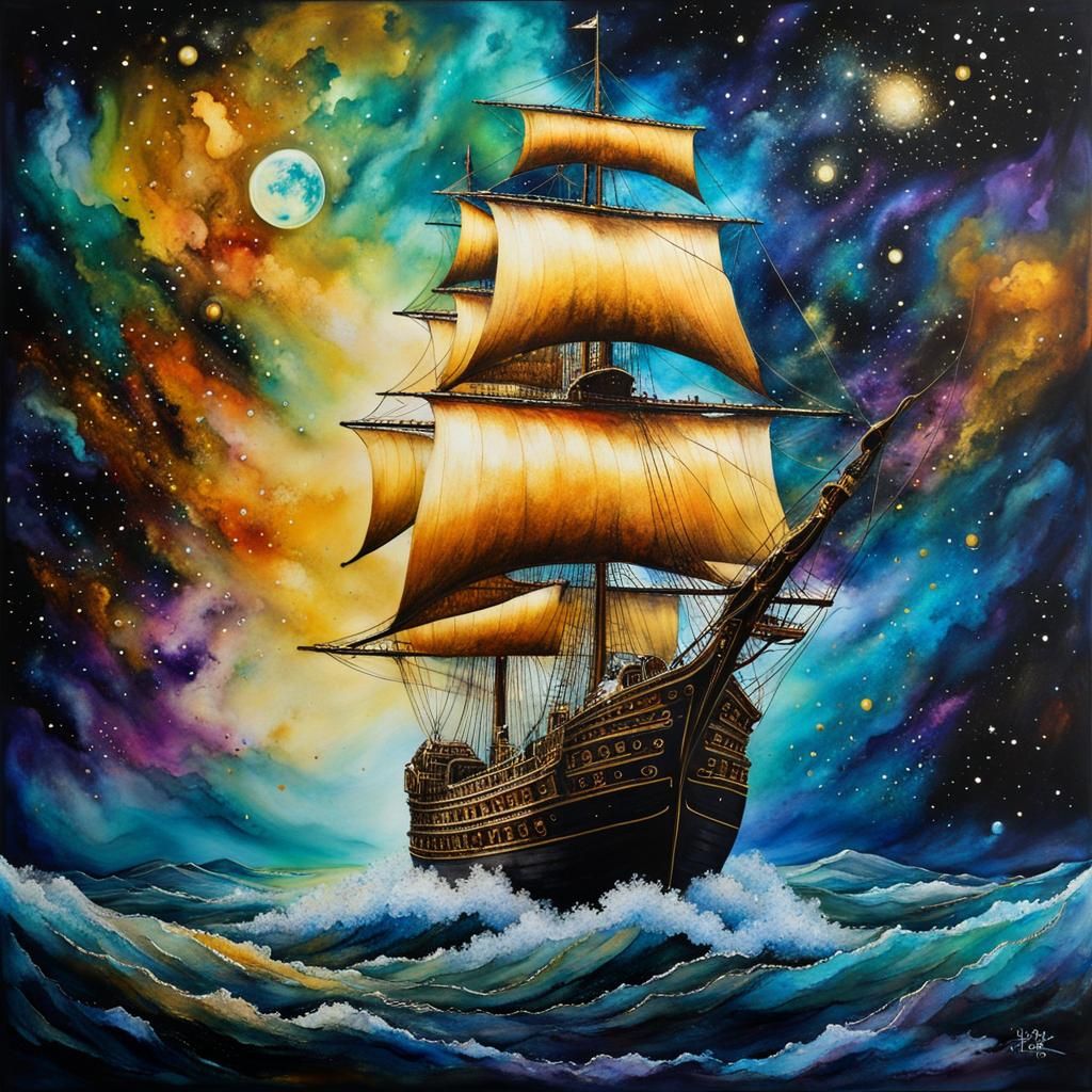 Fantasy Sailing Ship Soaring Through Galaxies