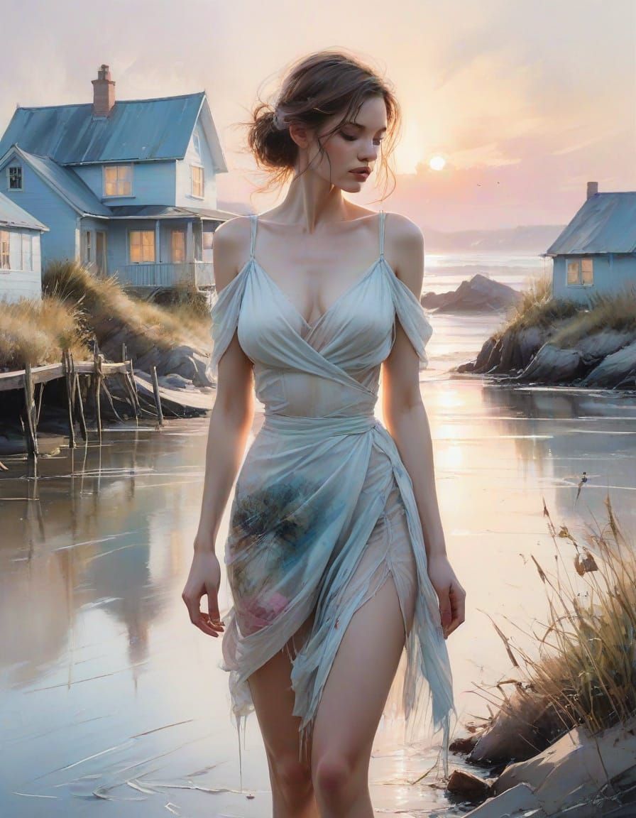 Pinup Model in Pastel Coastal Village Watercolor