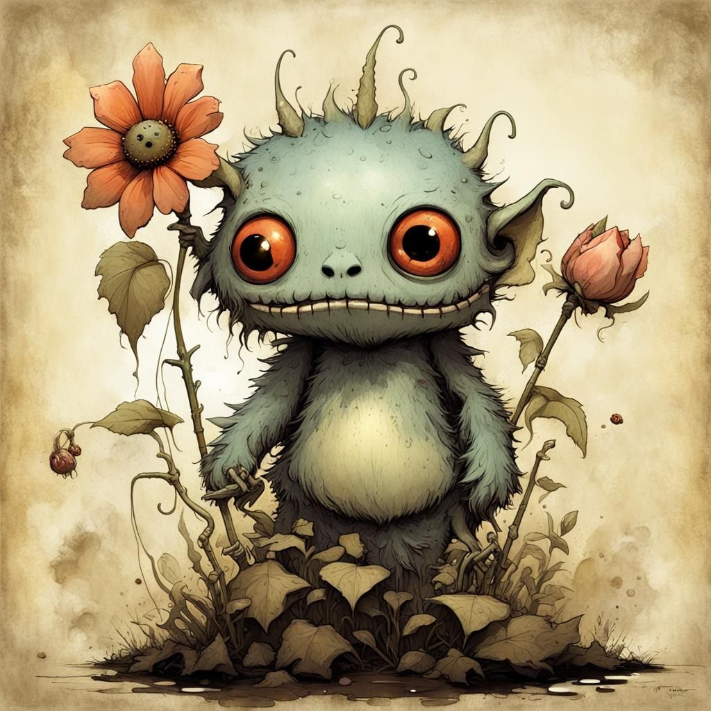 Surreal Little Monster on Flower Illustration