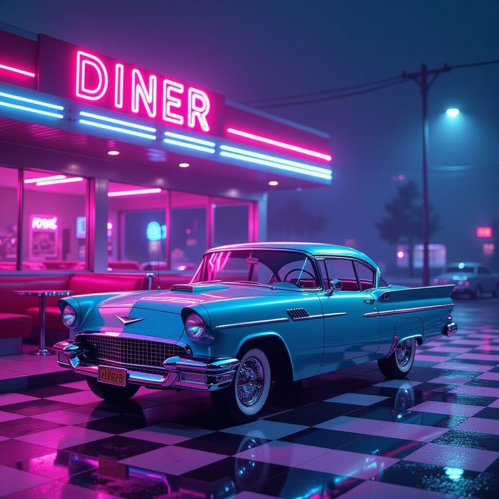 Retro-Futuristic Neon Diner with Vintage Teal Car