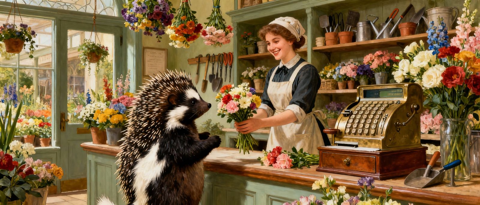 Adorable Porcupine Florist Sells Flowers to Skunk