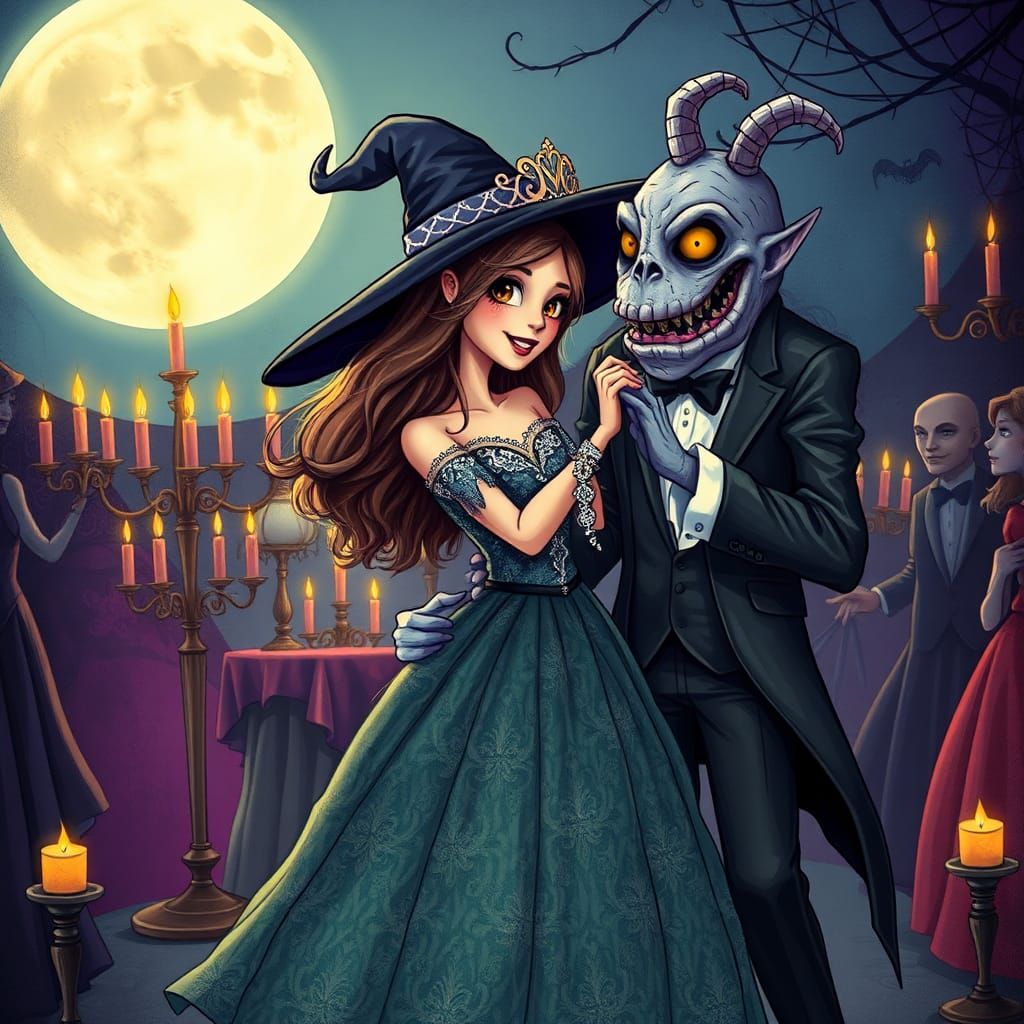 Witch and Monster Dancing at Mystical Masquerade Ball