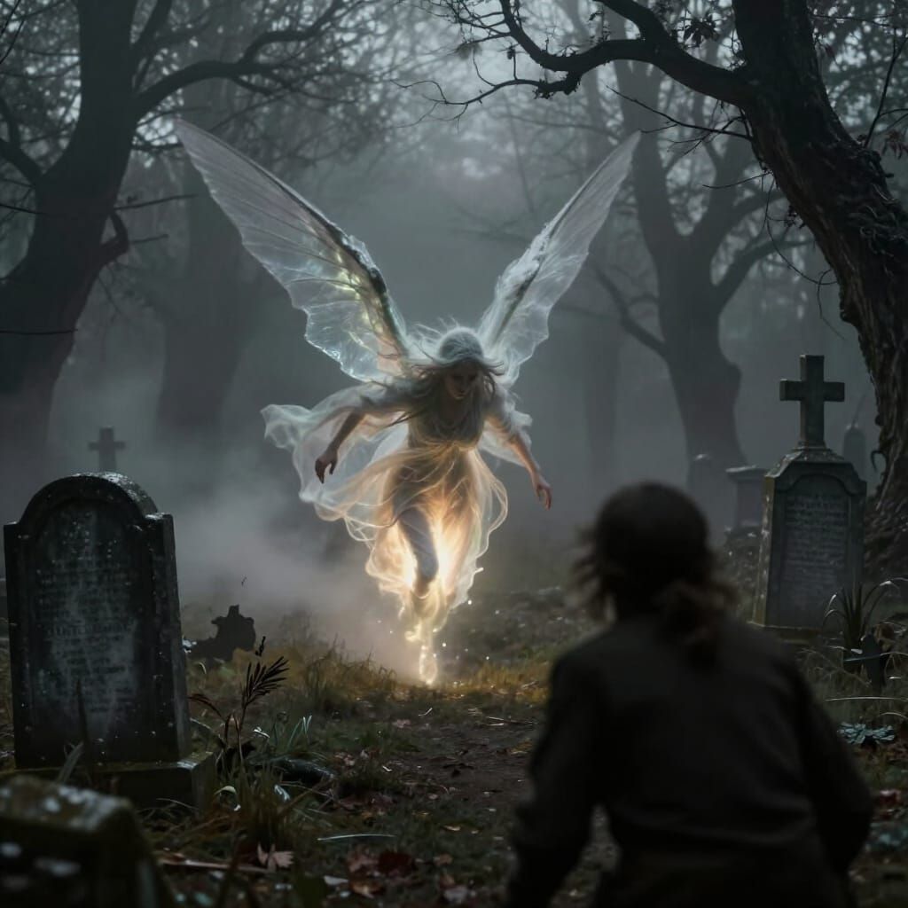 Winged Spirit Pursues Soul in Foggy Graveyard
