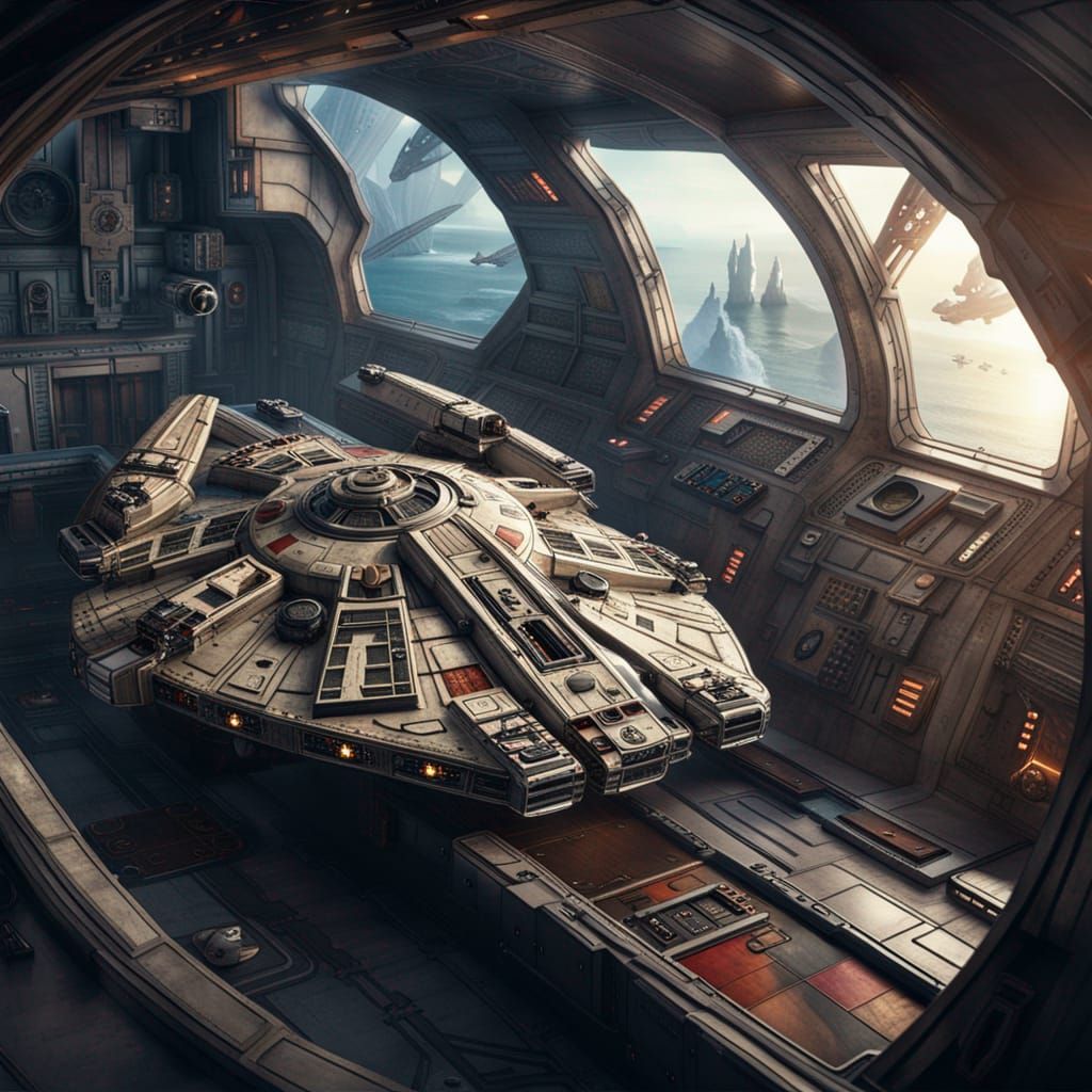 Realistic Millennium Falcon Close-Up: Detailed Concept Art