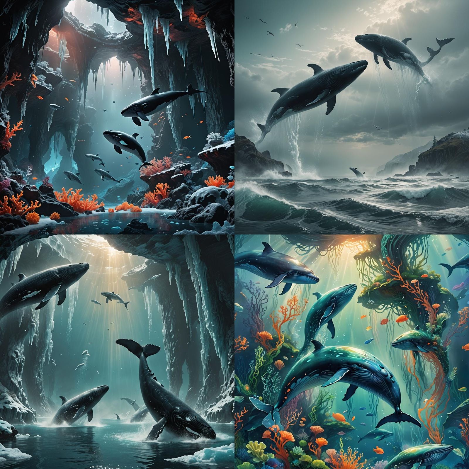 Detailed Black and White Whales Matte Painting