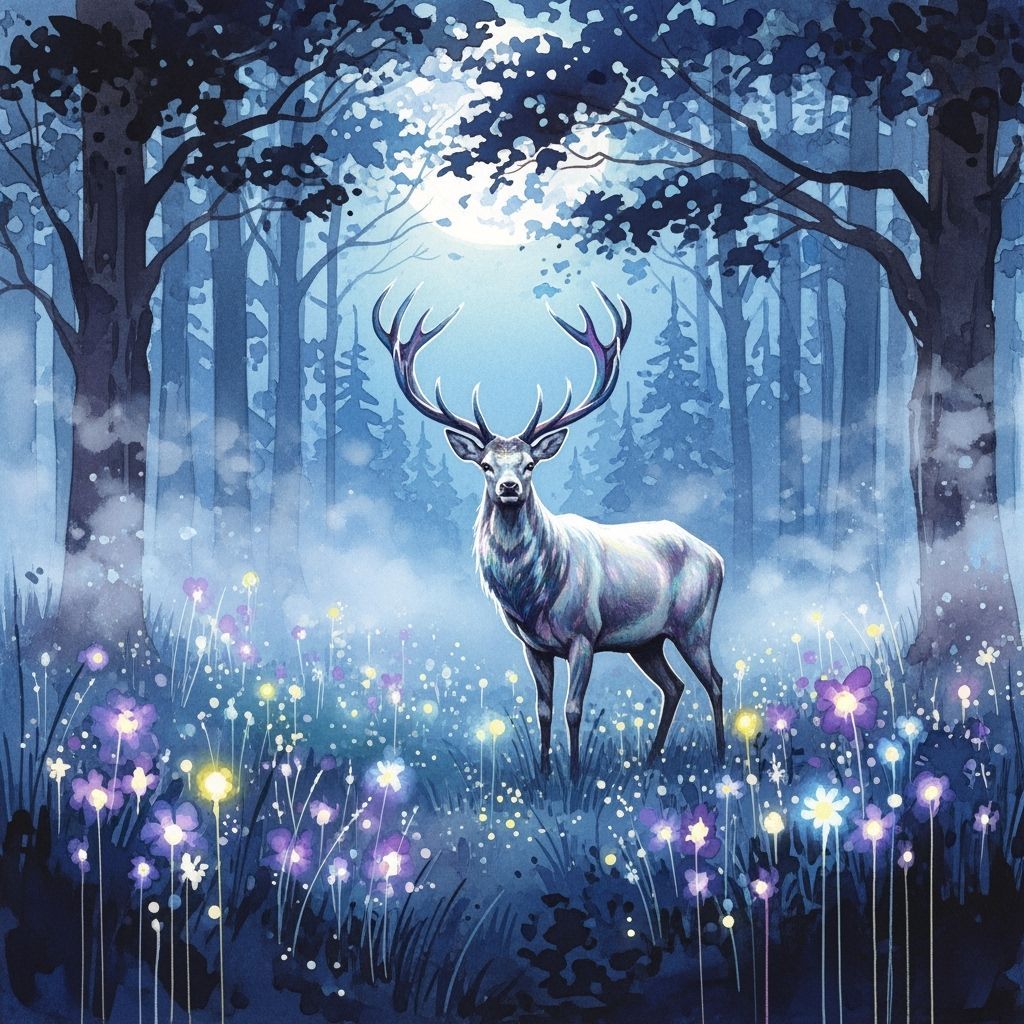 Majestic Silver Stag in Moonlit Forest Glade