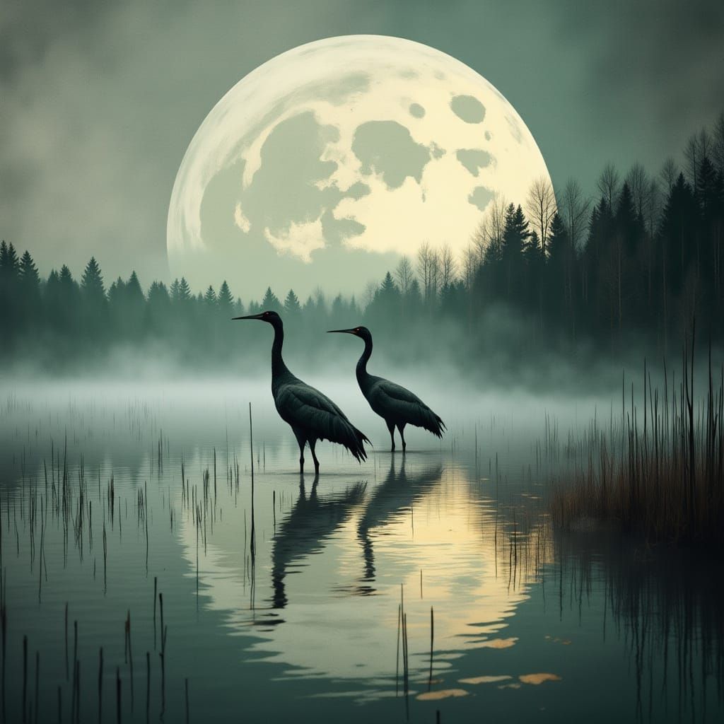 Majestic Cranes in Enchanting Lake Mist