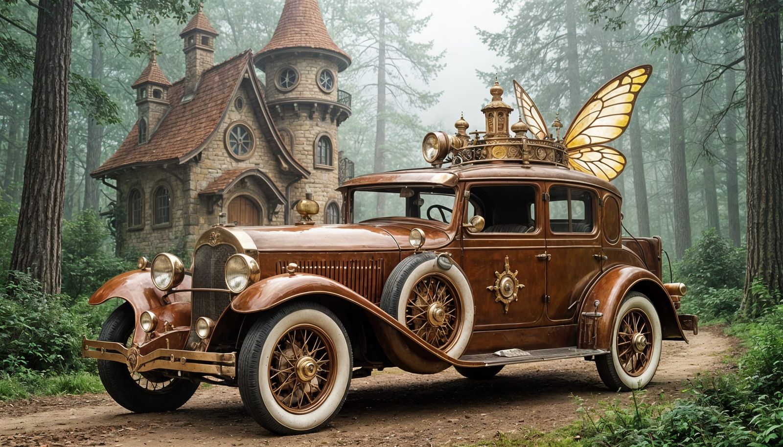 Steampunk Antique Car in Enchanted Forest