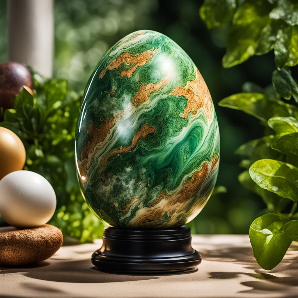 Giant Marble Egg in a Lush Garden
