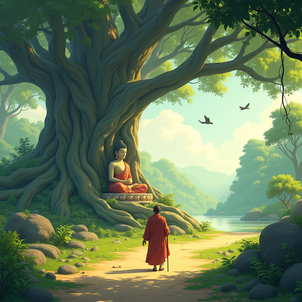 Merchant Leaves Buddha: 3D Cartoon Forest Scene