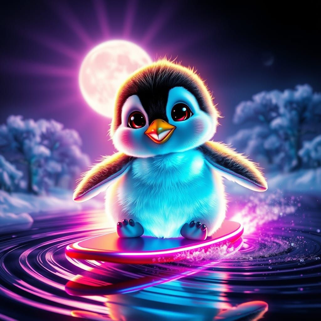 Luminous Penguin Surfer in a Futuristic Cosmic Landscape