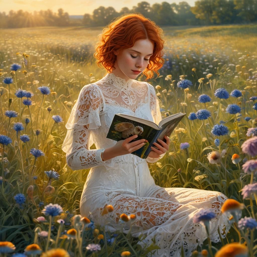 Woman Reading in Cornfield, Vibrant Oil Painting