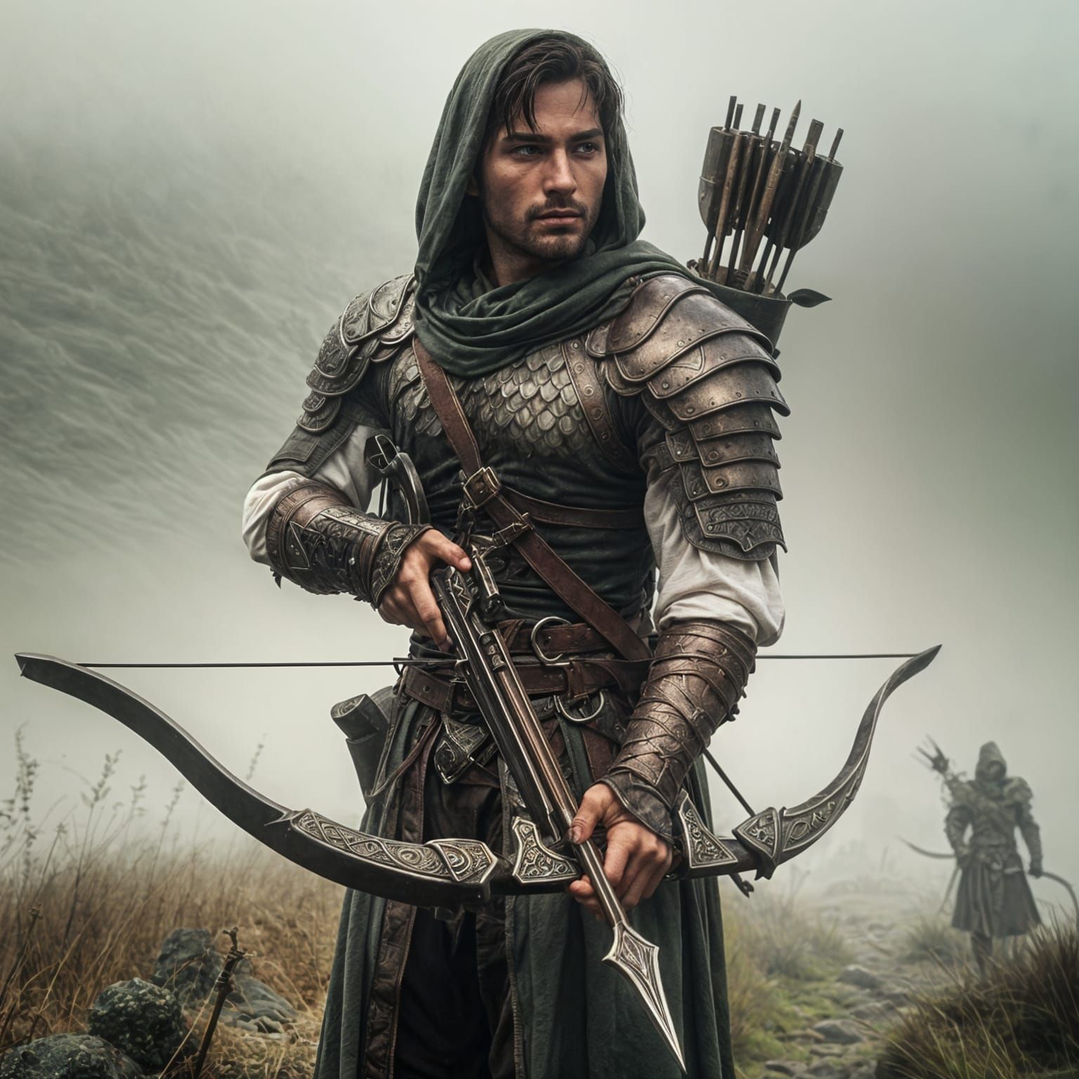Fantasy Warrior with Crossbow on Misty Moor