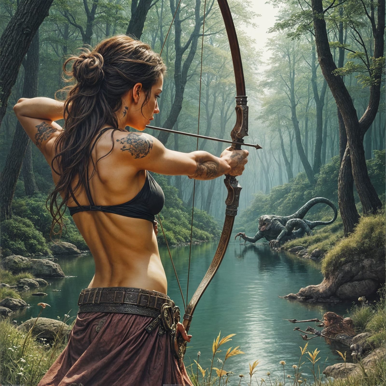 Female Huntress Aims Bow in Dark Fantasy Landscape
