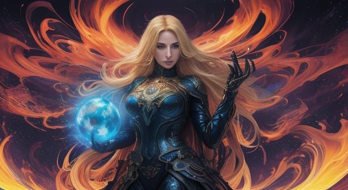Dynamic Blonde Woman in Cosmic Comic Book Art