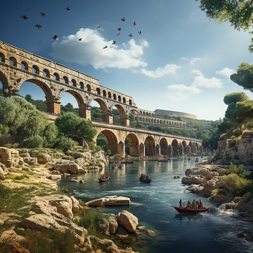 Arched Bridge Over River with Boats and Wildlife