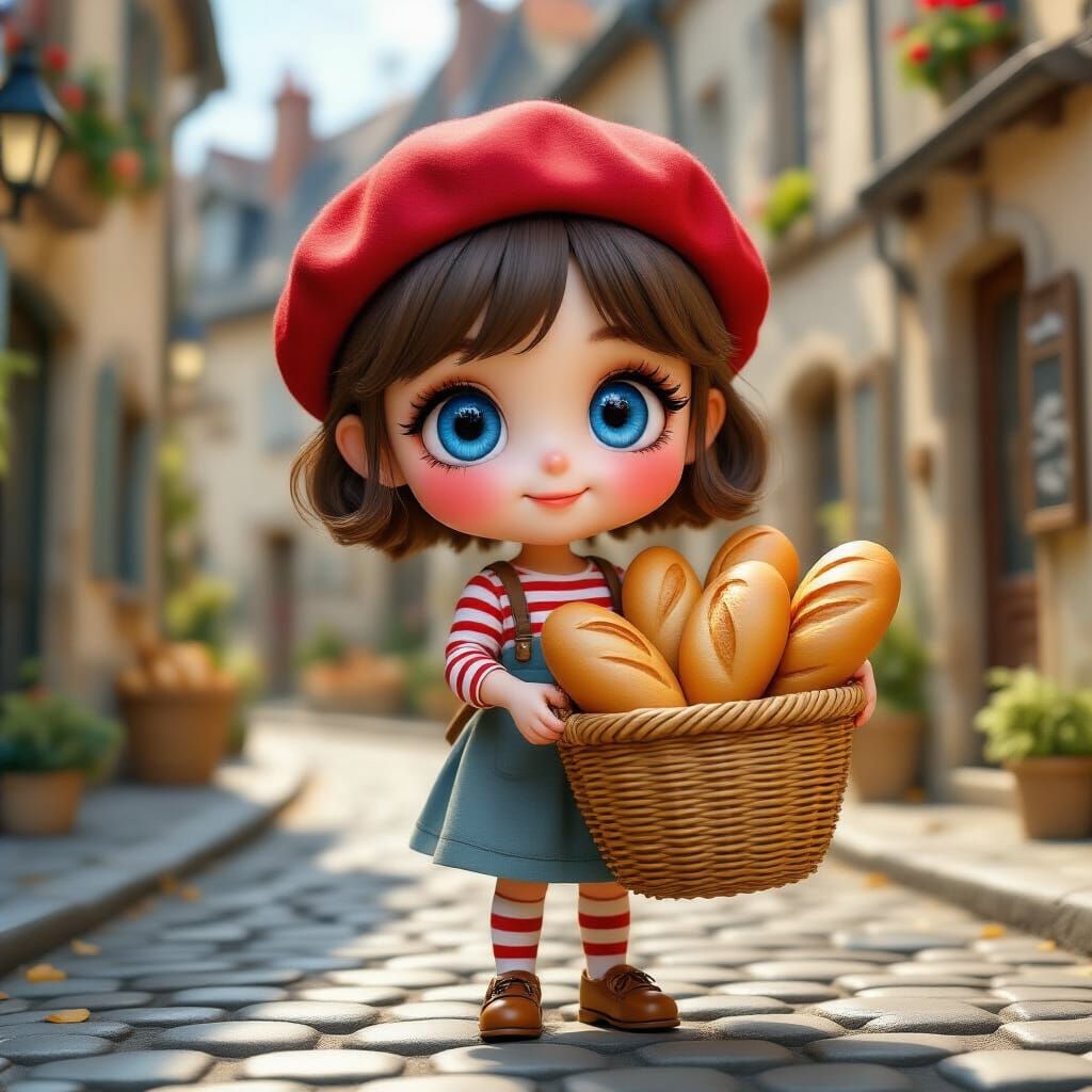 Adorable Chibi French Girl with Baguettes in Paris