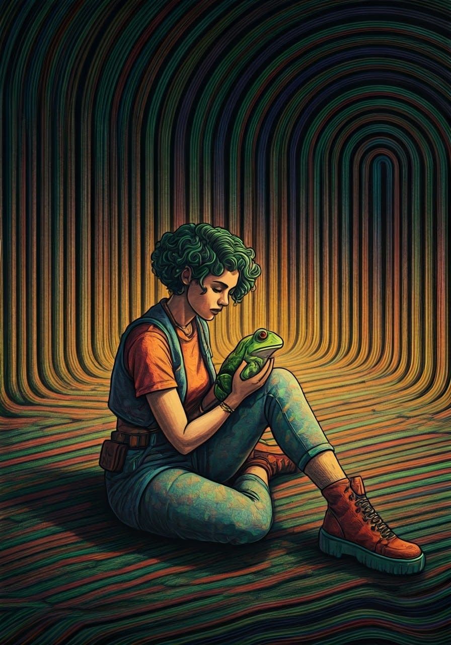 Woman with Frog in Surreal Optical Illusion Scene