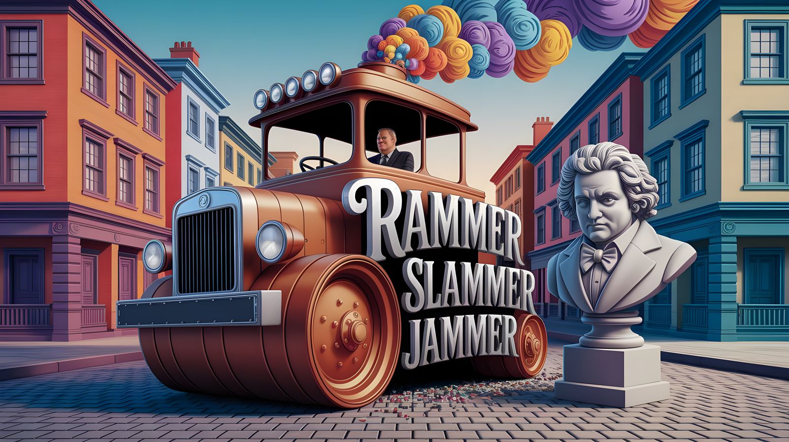 Humorous Steamroller Crushes Beethoven Bust in Pixar Style