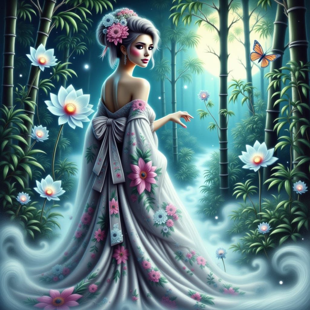 Ethereal Yokai Woman in a Moonlit Bamboo Forest