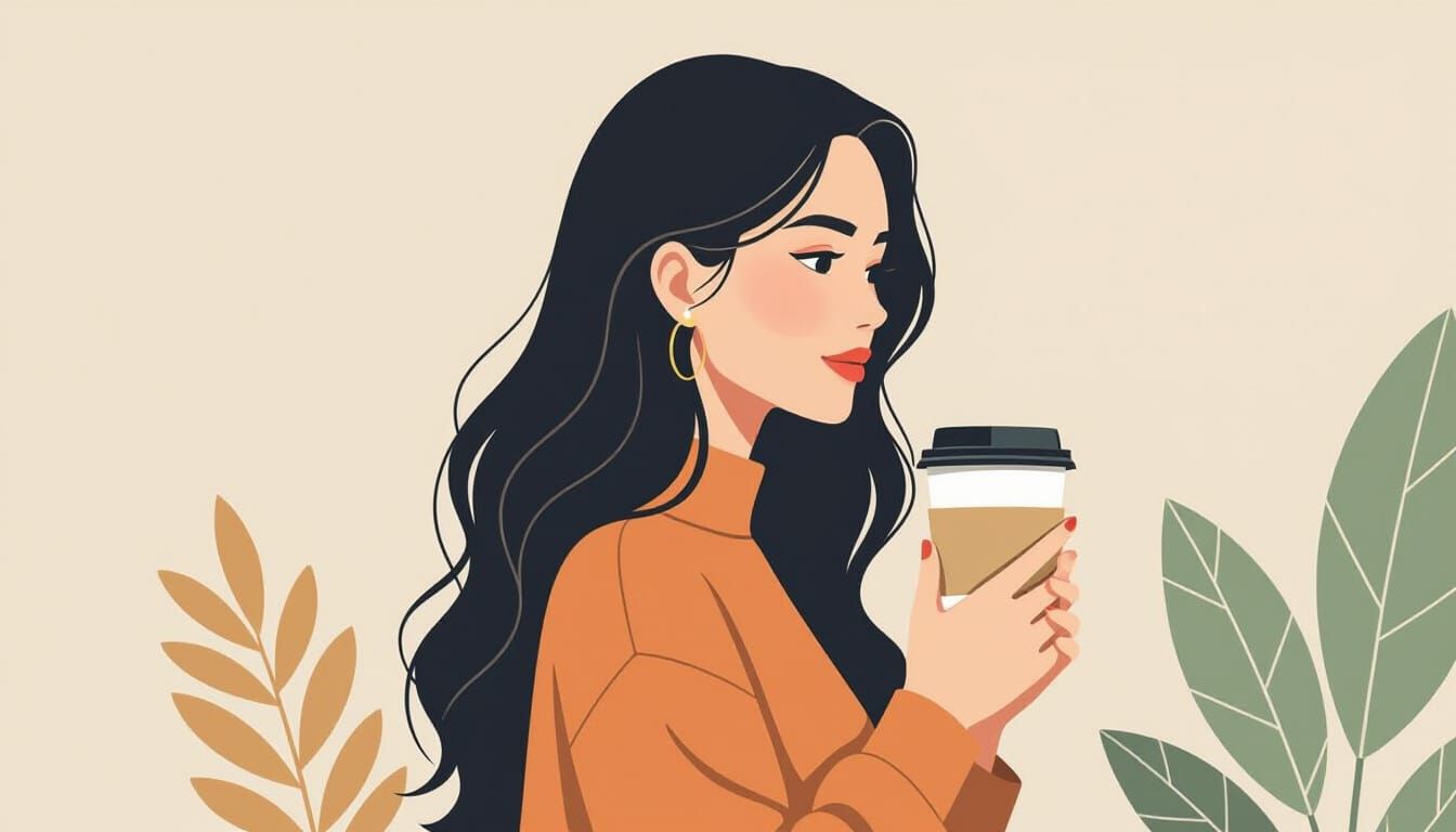 Minimalist Coffee Break: Stylish Woman in Earthy Tones