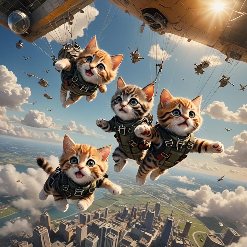 Kittens Parachuting: A Fantastical Digital Painting