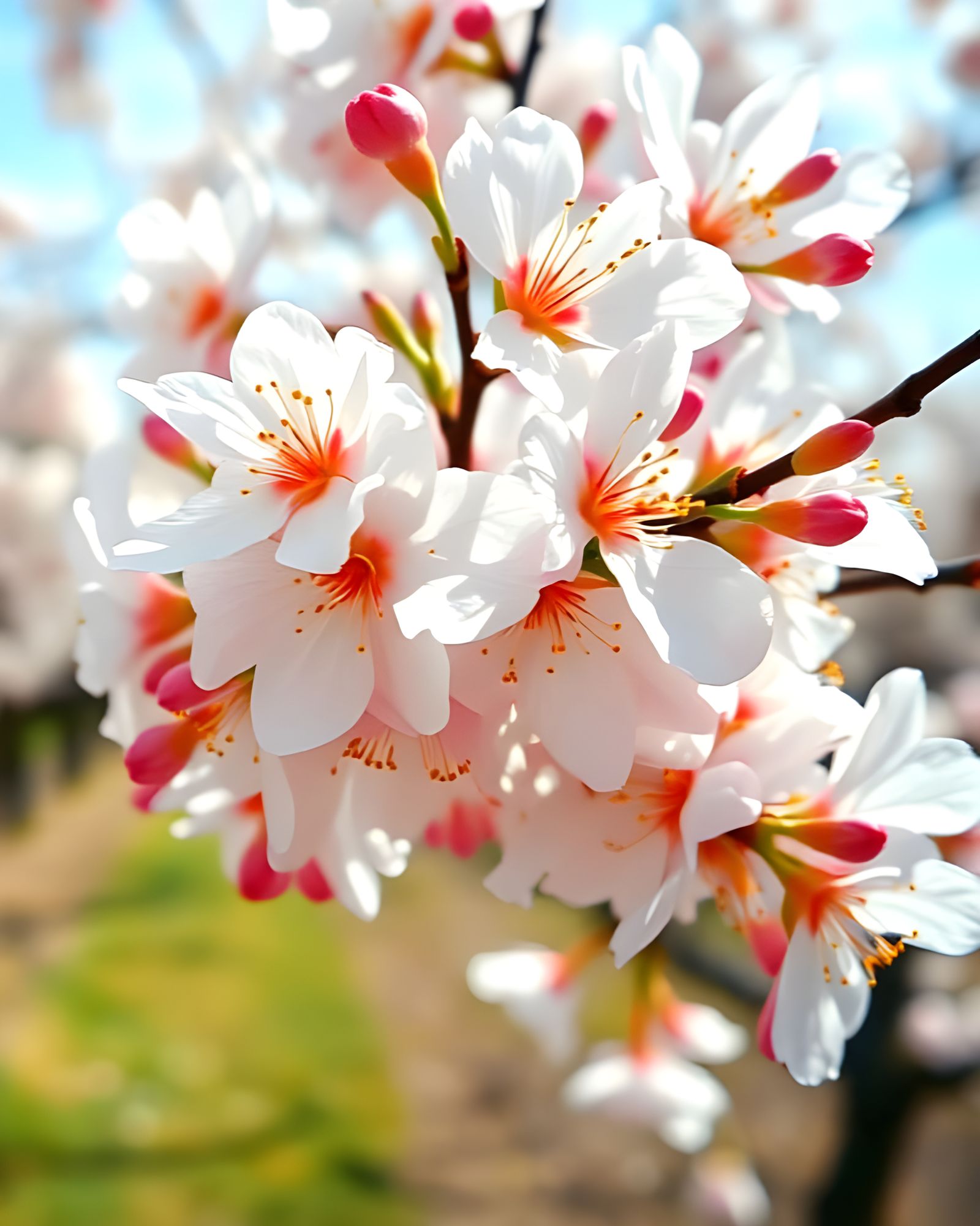 Vibrant Cherry Blossoms in a Serene Orchard Setting