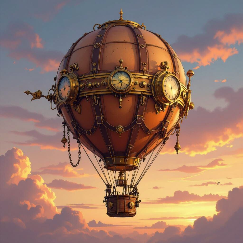 Steampunk Hot Air Balloon Against Sunset Sky