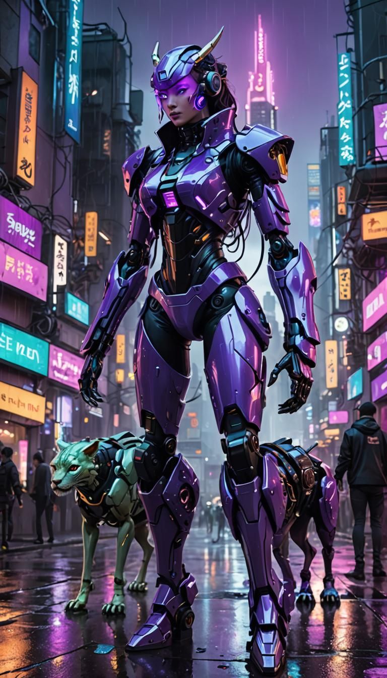 Robotic Chimera Girl in Cyberpunk Cityscape
