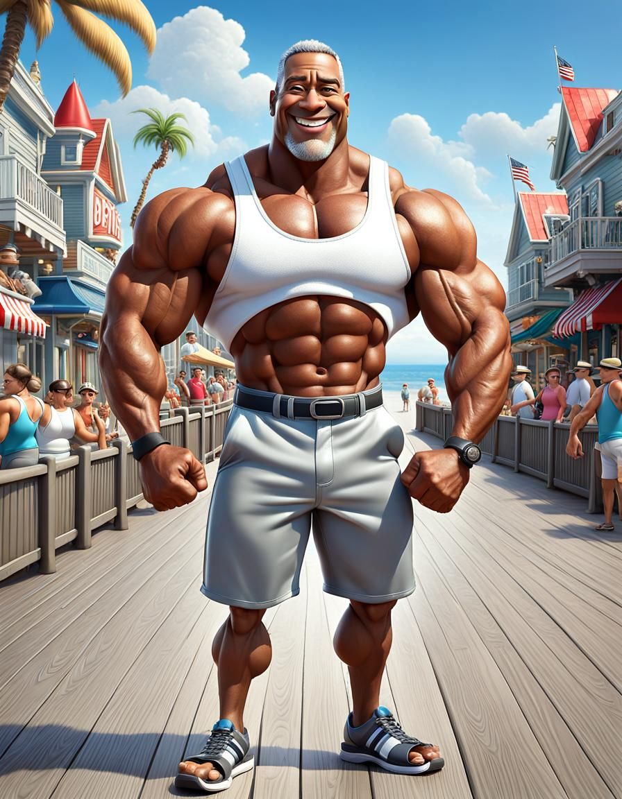 Muscular Silver Fox Bodybuilder on the Boardwalk in CGI Styl...