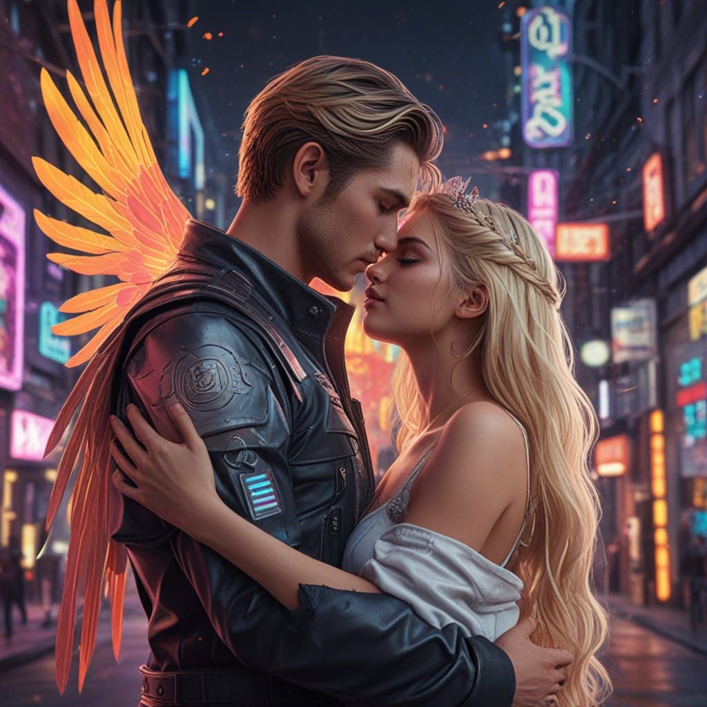 Breathtaking Galaxy Couple in Neon Retro-Futuristic Style