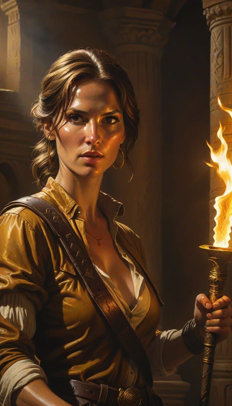 Baroque Oil Painting of Laura Croft in Ancient Temple