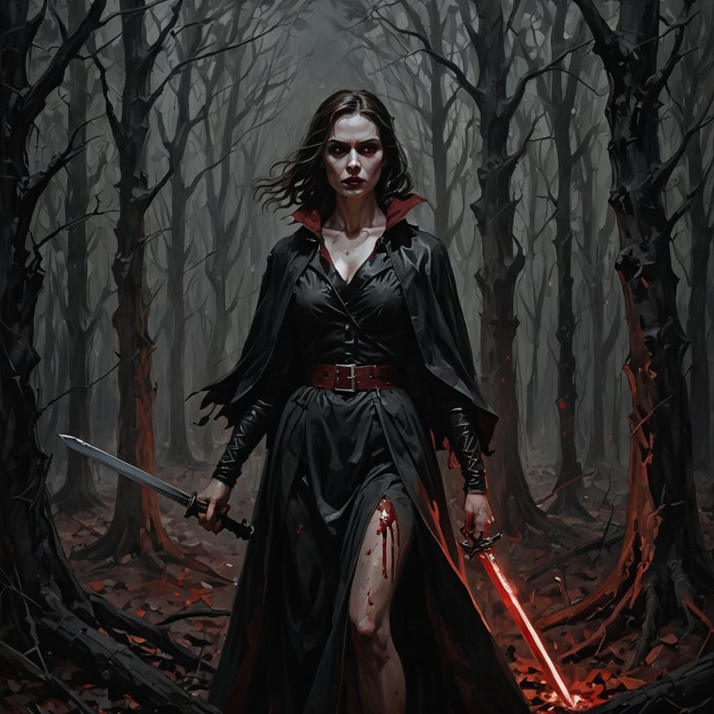 Vampire in Dark Woods: Monochromatic Nocturne Painting