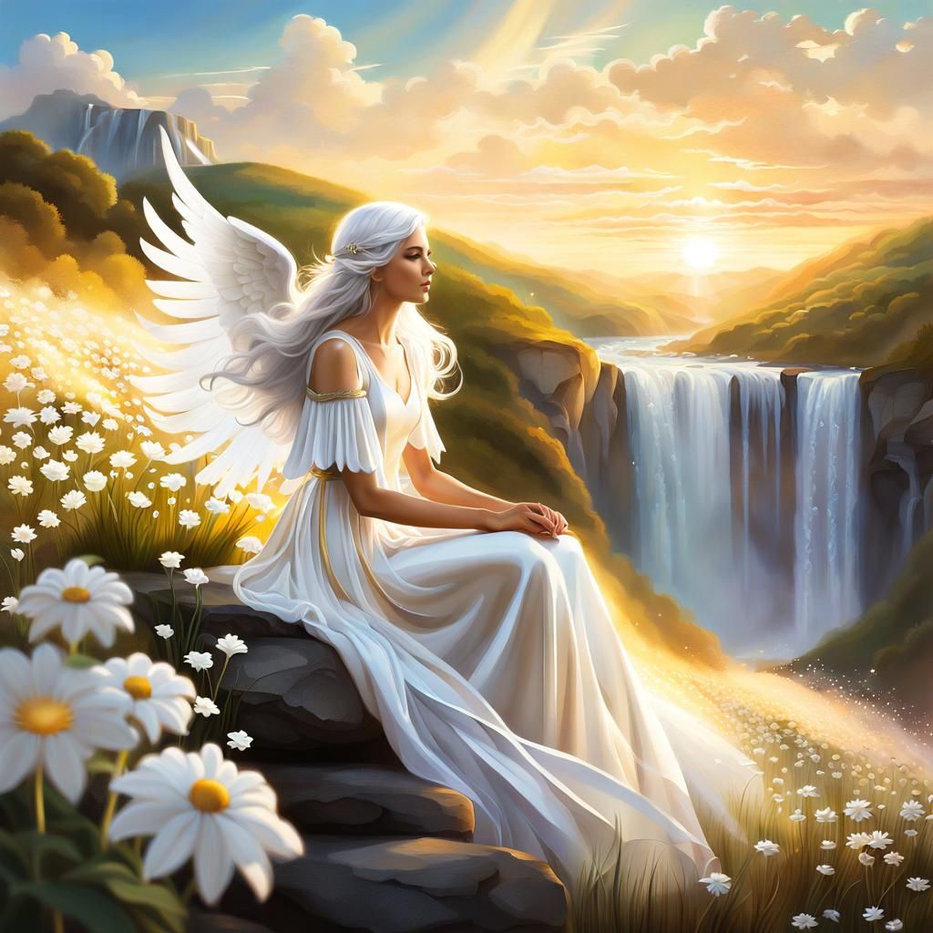 Angel Overlooking Waterfalls in Dreamlike Airbrush Art