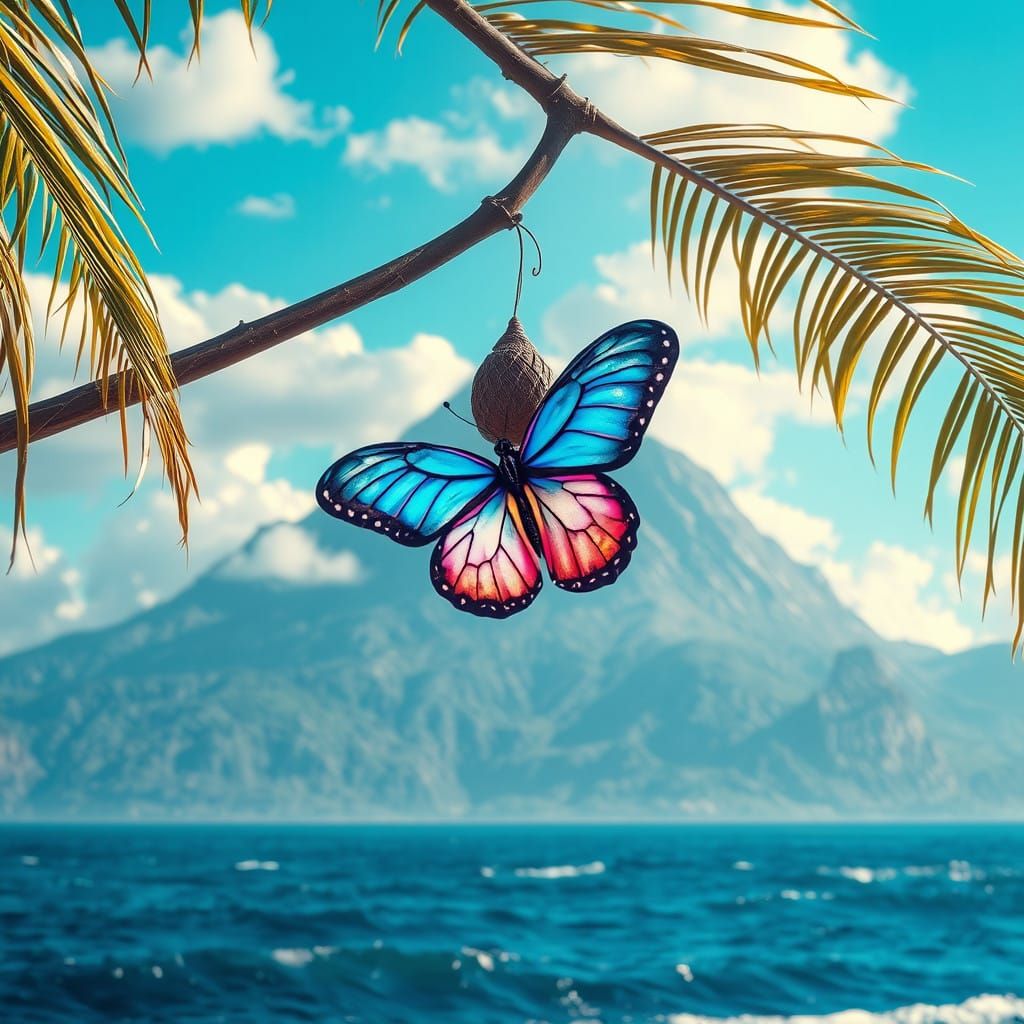 Majestic Butterfly Emerges from Cocoon in Tropical Paradise
