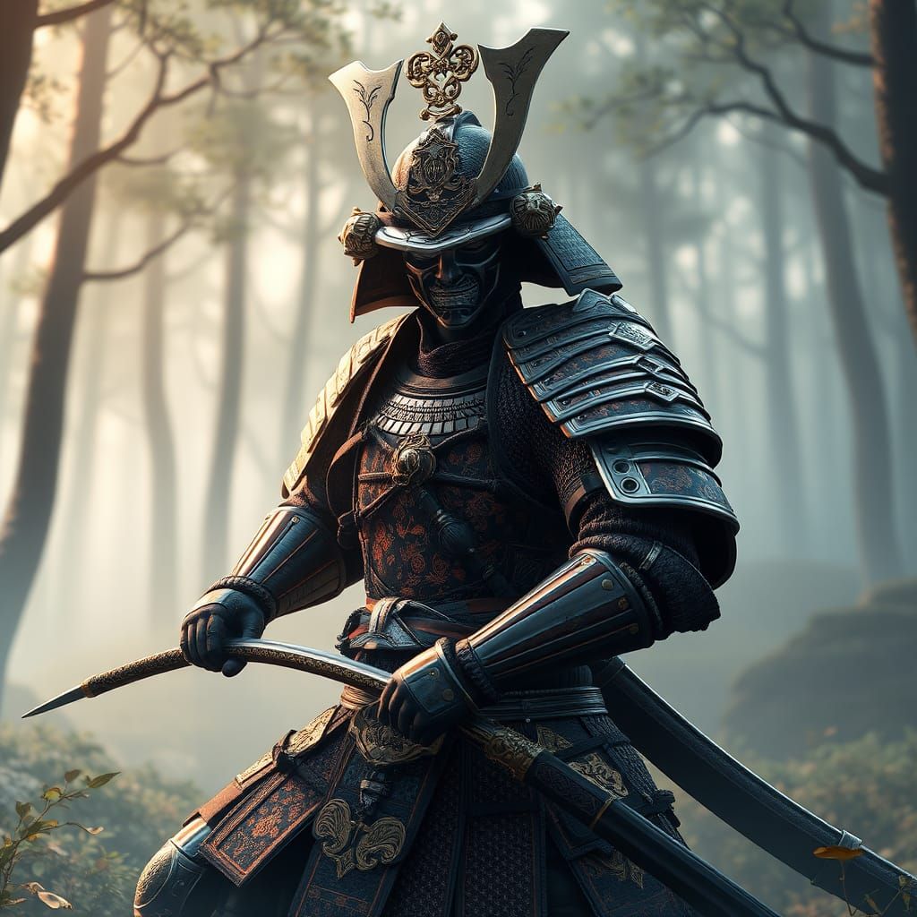 Anime Samurai Warrior in Misty Forest, Digital Art